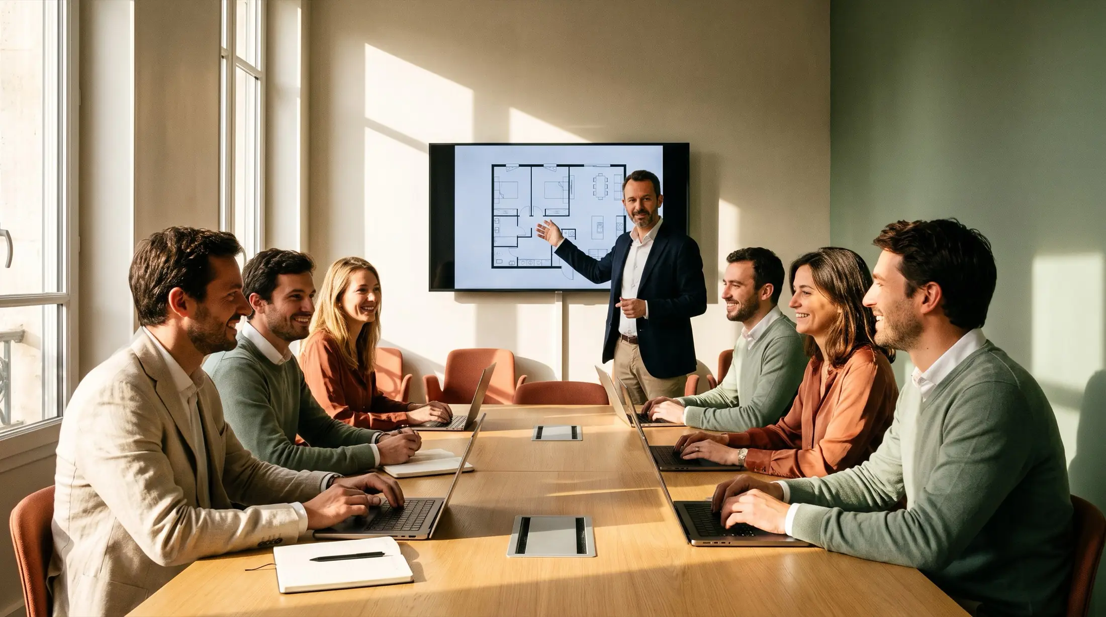 Un formateur présente un plan d’appartement à un groupe de conseillers immobiliers